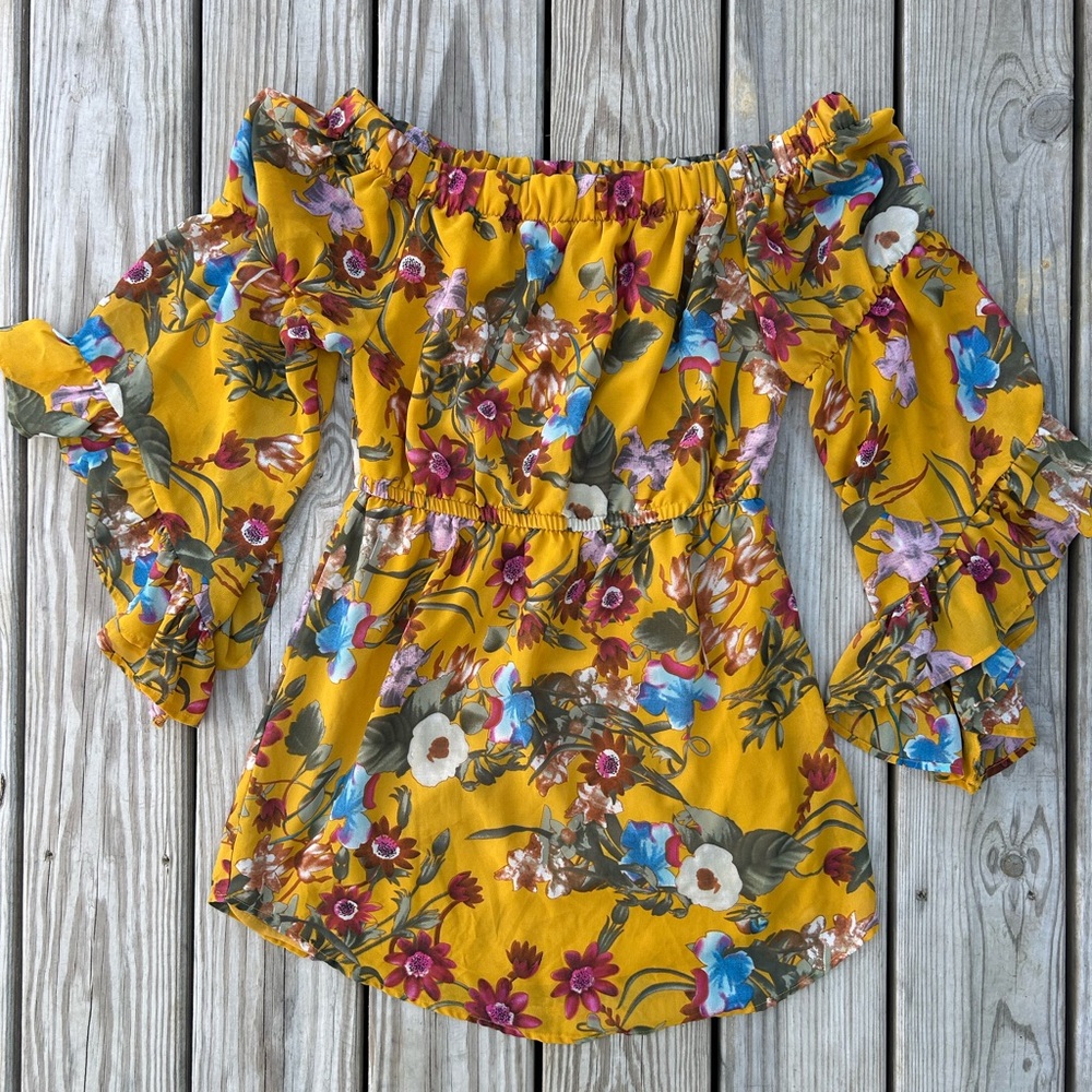 Indulge Bell Sleeve Off Shoulder Mini Dress Floral Peasant Boho Ruffle Cottage L